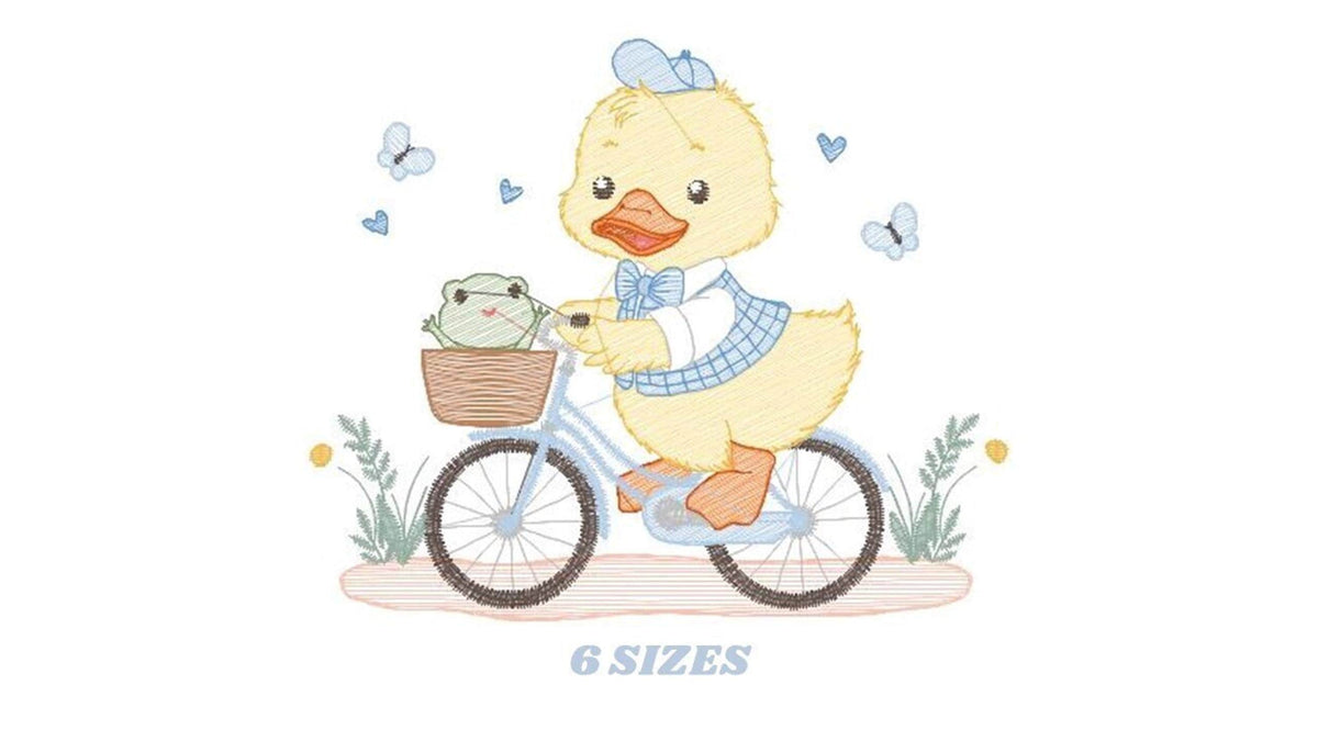 May include: A yellow duck wearing a blue hat and a blue and white plaid shirt rides a blue bicycle with a frog in the basket. The duck has a blue bow tie and is smiling. There are butterflies and hearts in the background. 6 SIZES