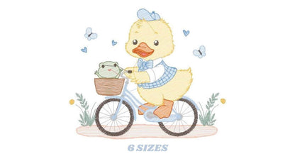 May include: A yellow duck wearing a blue hat and a blue and white plaid shirt rides a blue bicycle with a frog in the basket. The duck has a blue bow tie and is smiling. There are butterflies and hearts in the background. 6 SIZES