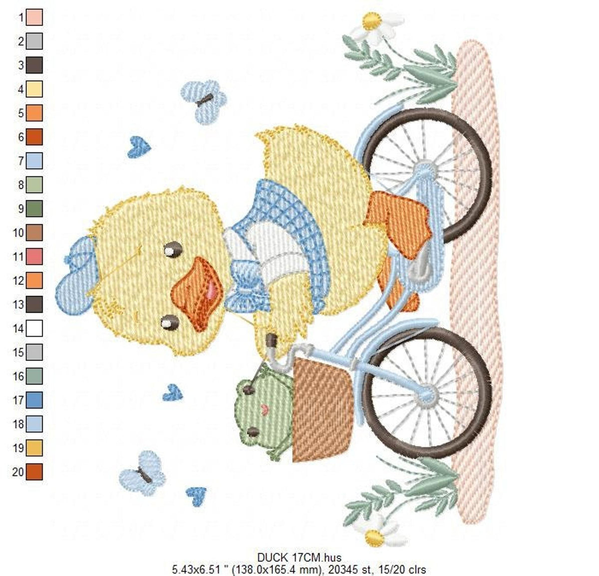 Medium layout focusing on bicycle wheel and basket, baby embroidery design duck with tiny blue hearts and leaves