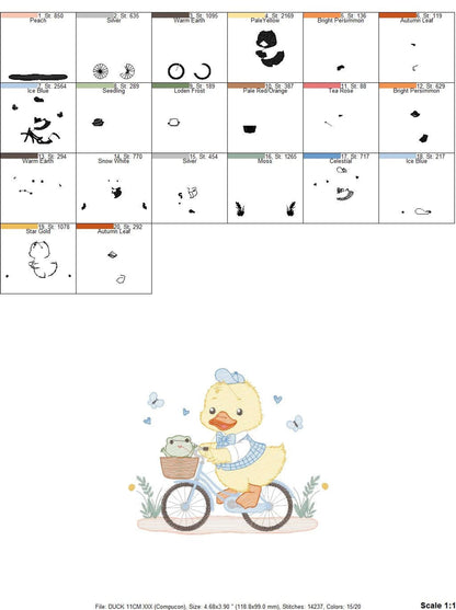 Black and white stitch sequence chart, numbered steps for the duck on bike embroidery file, machine stitching order