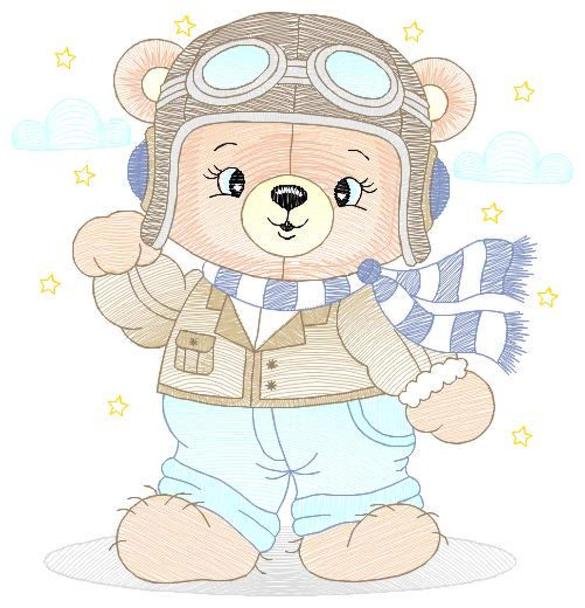 Close-up of the pilot bear embroidery design, aviator goggles, scarf, rippled filled stitch detail