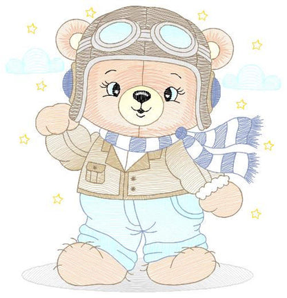 Close-up of the pilot bear embroidery design, aviator goggles, scarf, rippled filled stitch detail