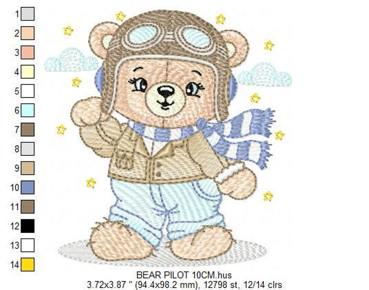 Mid-size pilot bear embroidery design with left color chart, thread stops and stitch count details