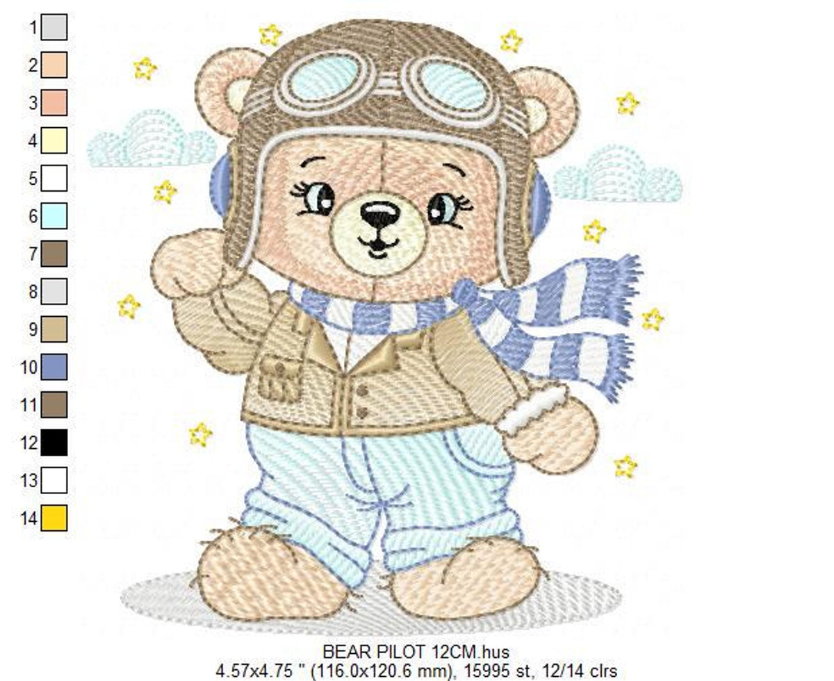 Slightly larger pilot bear embroidery design sample, showing stitch layers and color legend on side