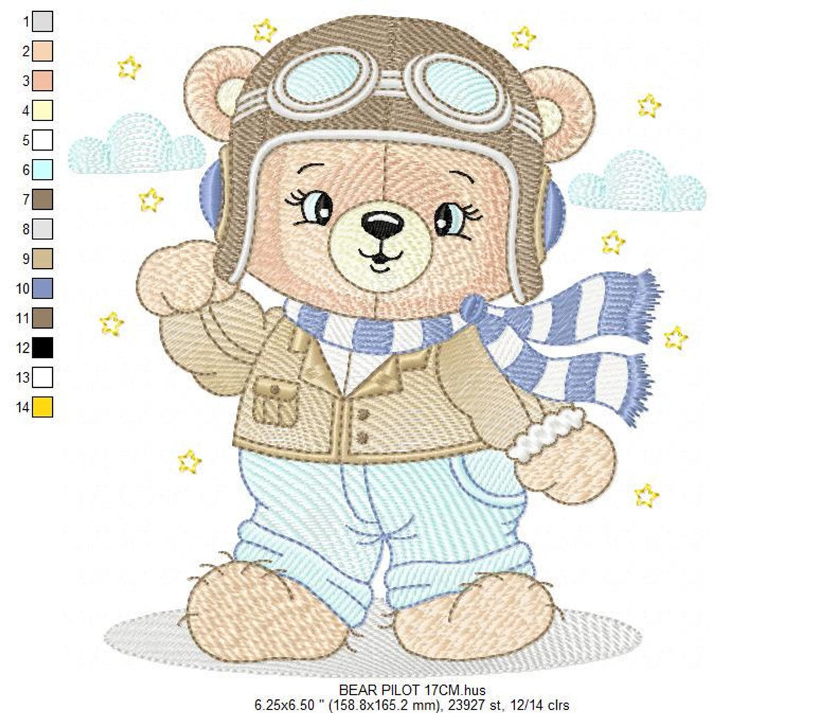 Largest pilot bear embroidery design view, rippled embroidery style in soft pastels, teddy jacket details
