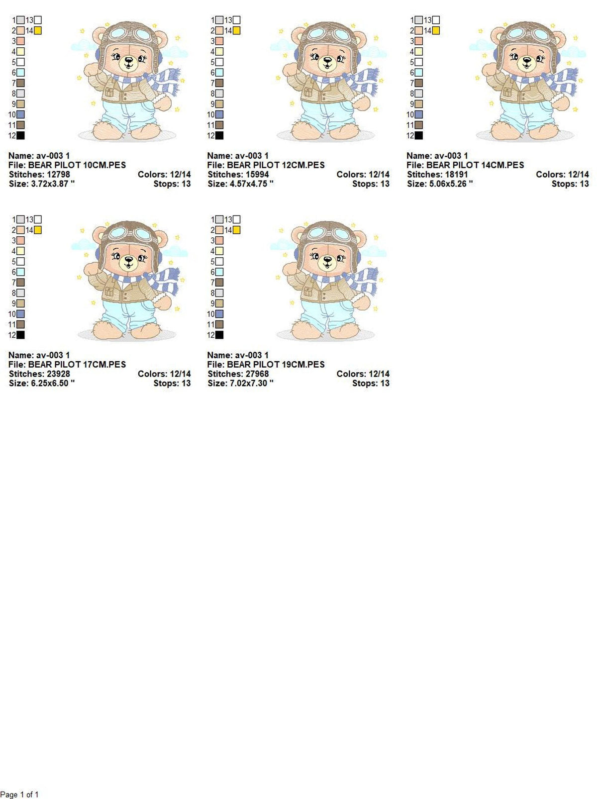 Sheet showing all five pilot bear embroidery design sizes with measurements, labeled thumbnails
