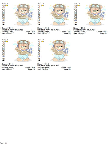 Sheet showing all five pilot bear embroidery design sizes with measurements, labeled thumbnails