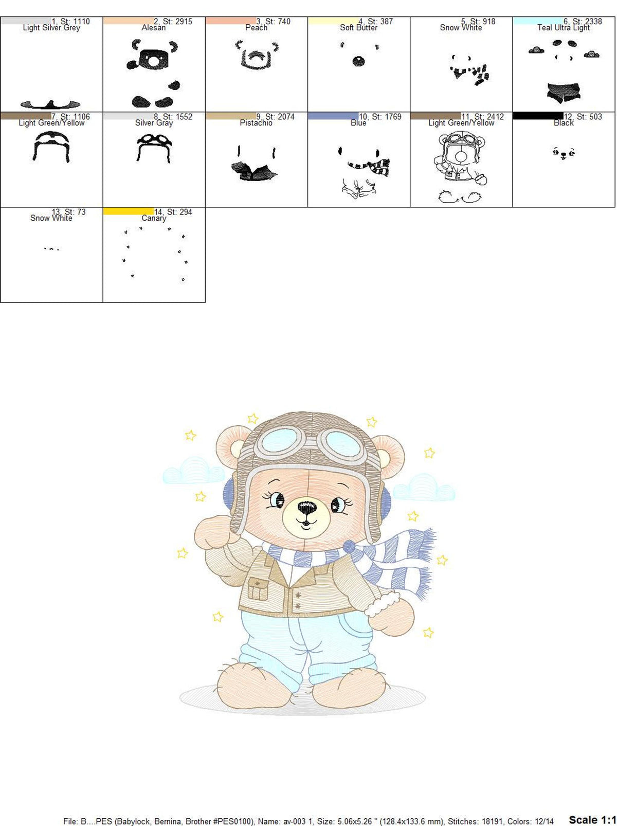 Stitch sequence and color stop sheets for the pilot bear embroidery design, machine format notes