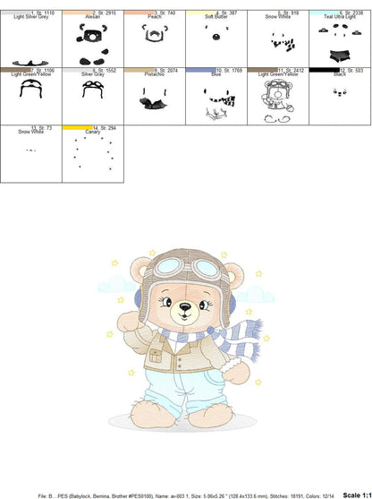 Stitch sequence and color stop sheets for the pilot bear embroidery design, machine format notes