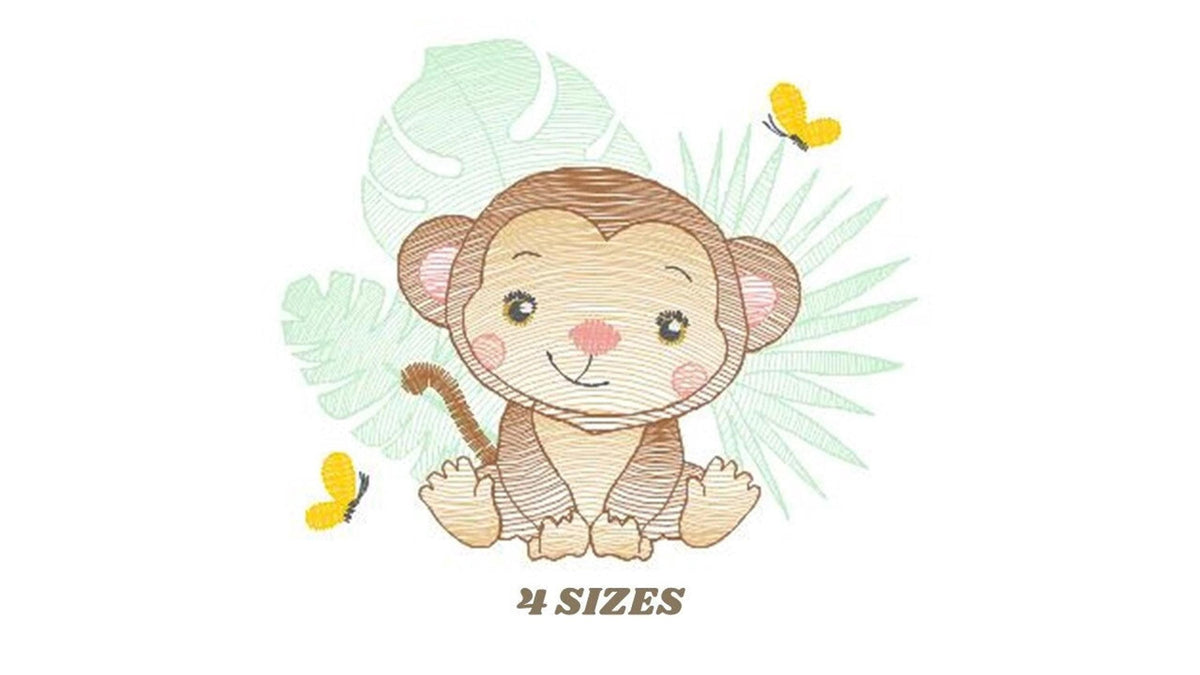 Small centered pastel baby monkey embroidery design with tropical leaves and yellow butterflies, 4 sizes
