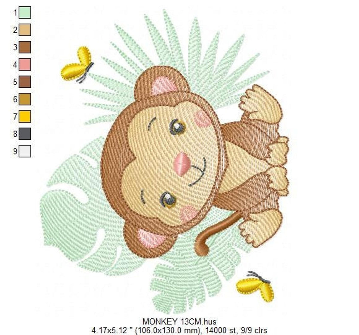 Medium monkey with stitch count bars and measurements, ideal monkey applique for baby clothes and gifts