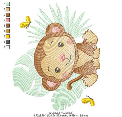 Same monkey design with color sequence chart and butterfly accents, nursery animal embroidery design for kids