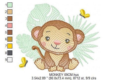 Smaller centered motif with size labels and leaves, boy girl baby embroidery design for garments and bibs