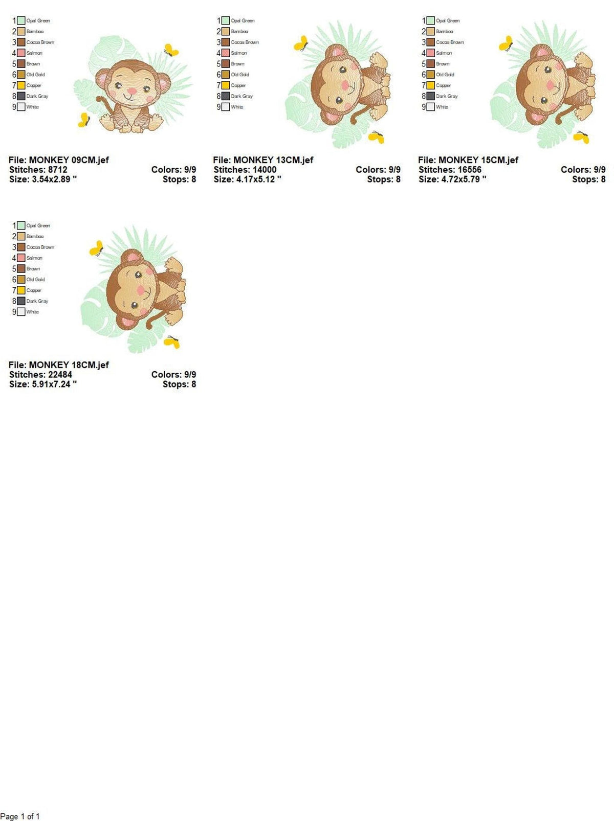 Thumbnail sheet showing available sizes and format previews, baby monkey embroidery design instant digital download