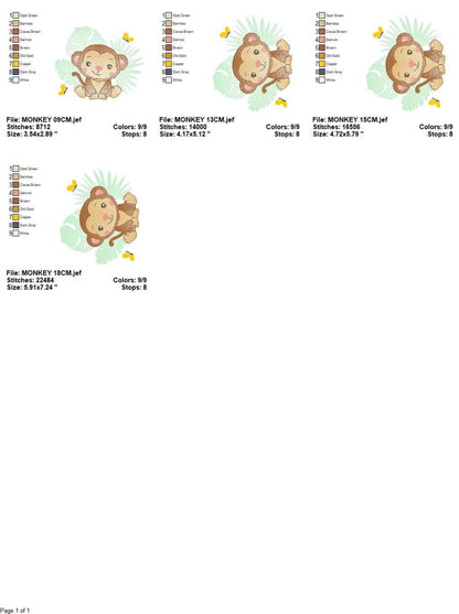 Thumbnail sheet showing available sizes and format previews, baby monkey embroidery design instant digital download
