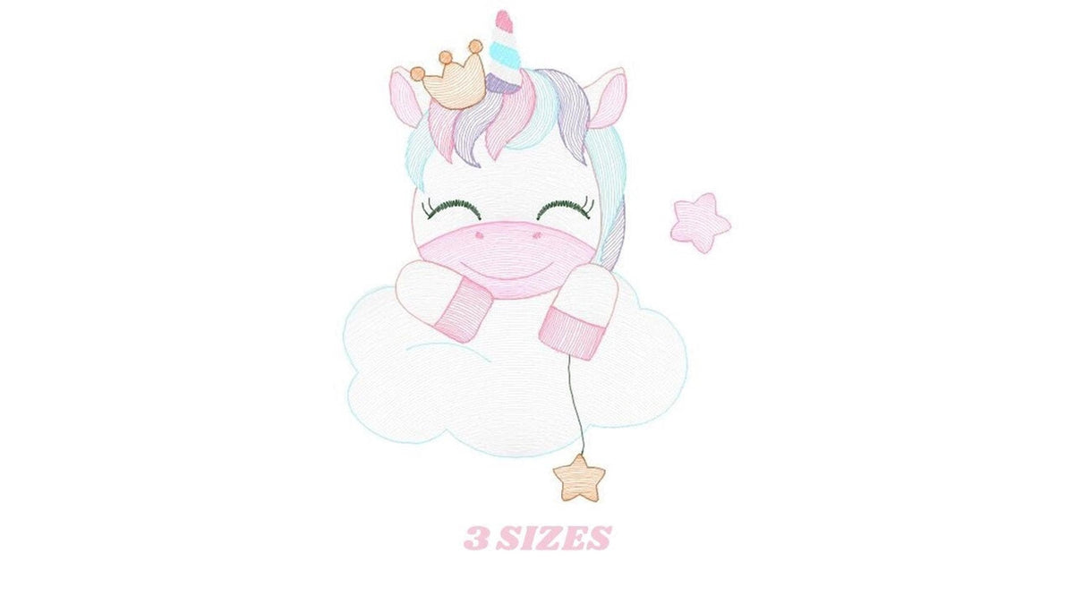 Tiny pastel unicorn baby embroidery design perched on a fluffy cloud, star balloon, gold crown