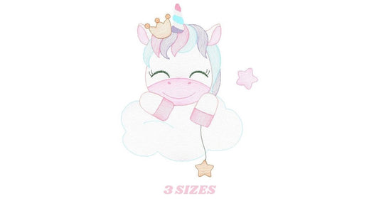 Tiny pastel unicorn baby embroidery design perched on a fluffy cloud, star balloon, gold crown