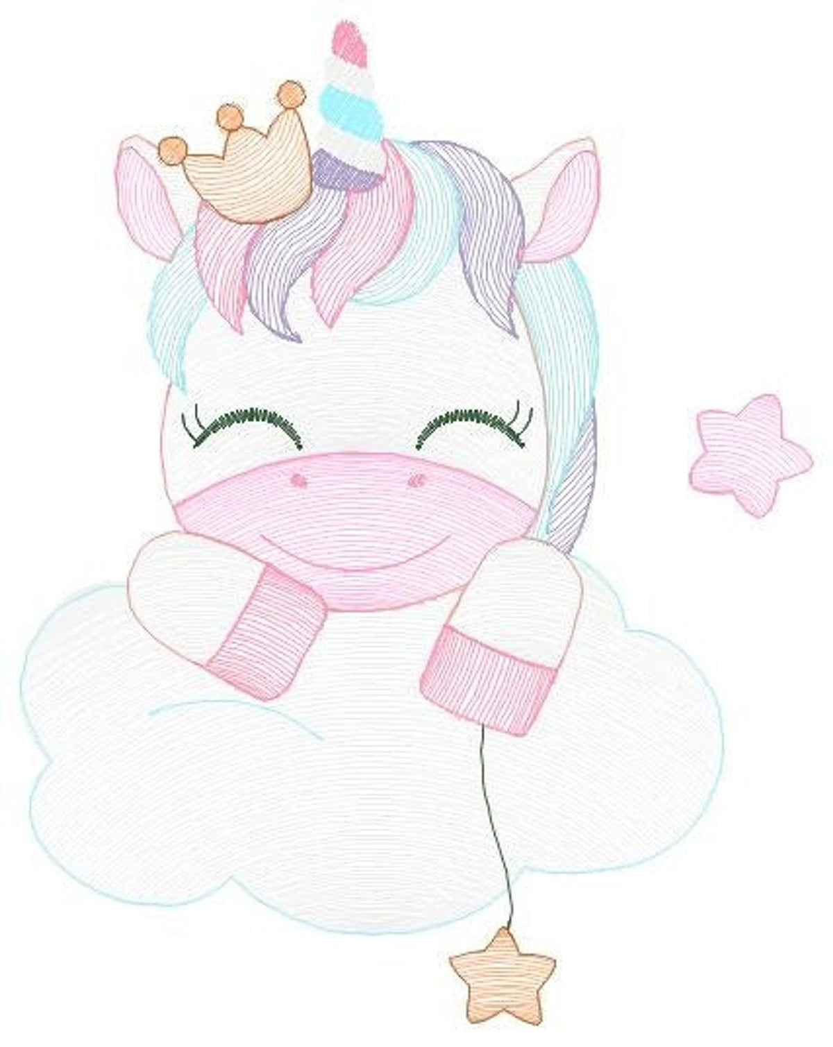 Close crop of smiling pastel unicorn on cloud, rippled fill texture, unicorn machine embroidery design