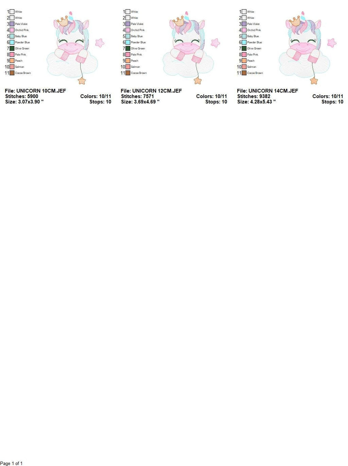 Three size thumbnails with accompanying stitch charts, ideal unicorn in cloud embroidery design for baby items