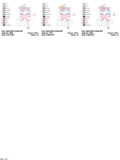 Three size thumbnails with accompanying stitch charts, ideal unicorn in cloud embroidery design for baby items