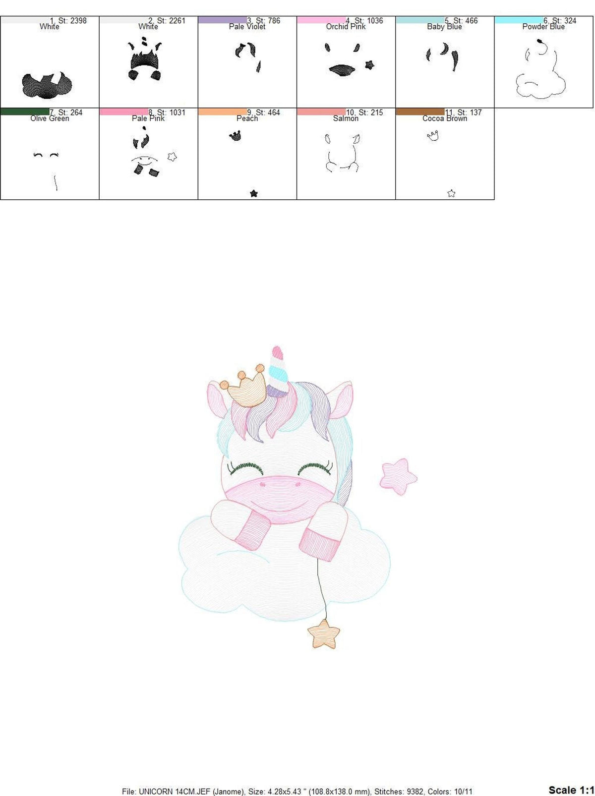 Stitch sequence and step grid, clear production guide for pony unicorn embroidery design and assembly