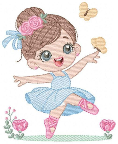 Close up cute ballerina embroidery design, big-eyed girl with brown bun, pink flower, blue tutu