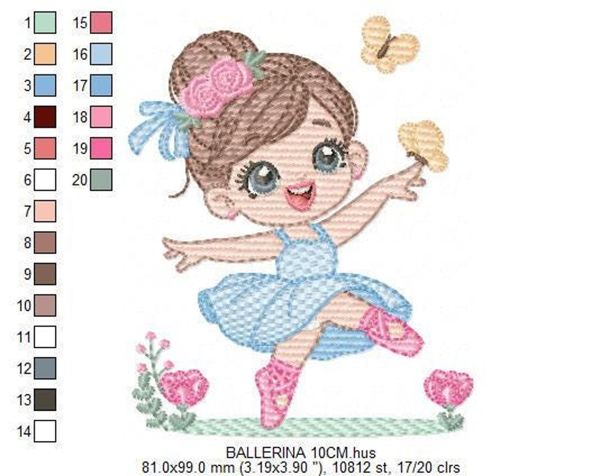 Ballerina embroidery design with left color chart, numbered thread palette and small size preview at top