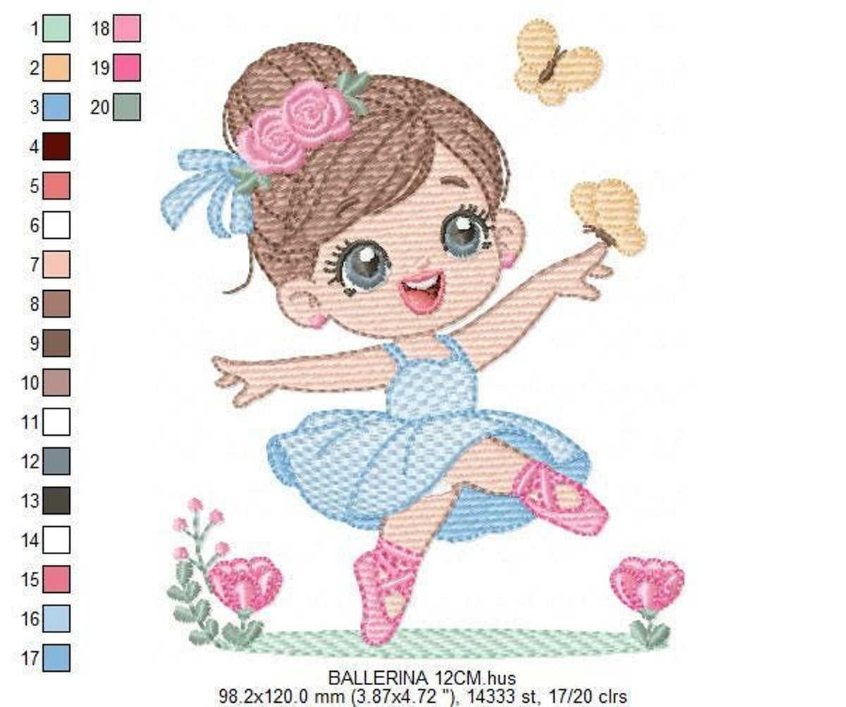 Mid-size ballerina embroidery design display, shows pink shoes, butterfly, and side thread color guide