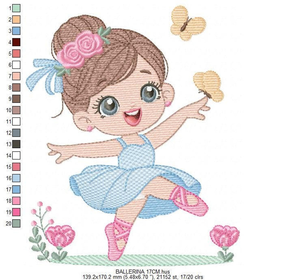 Alternate size view of ballerina embroidery design, focus on facial detail, ribbon, and palette bar at left