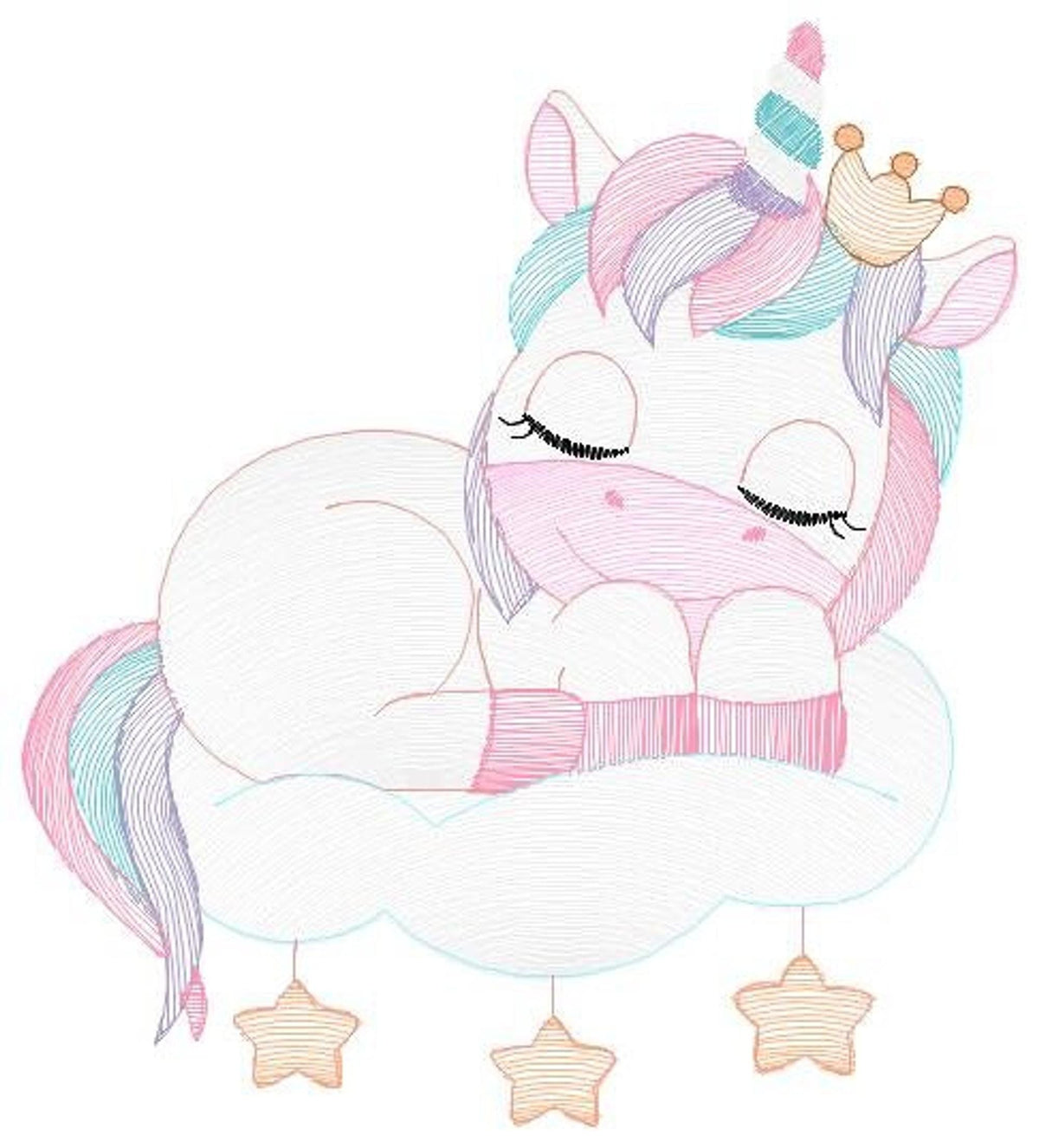 Close-up sleeping unicorn embroidery design, soft pink blue purple stitches, crown with hanging stars detail