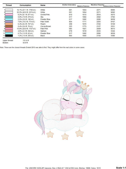 Stitch count and hoop size chart for sleeping unicorn embroidery design, numeric breakdown for machine formats