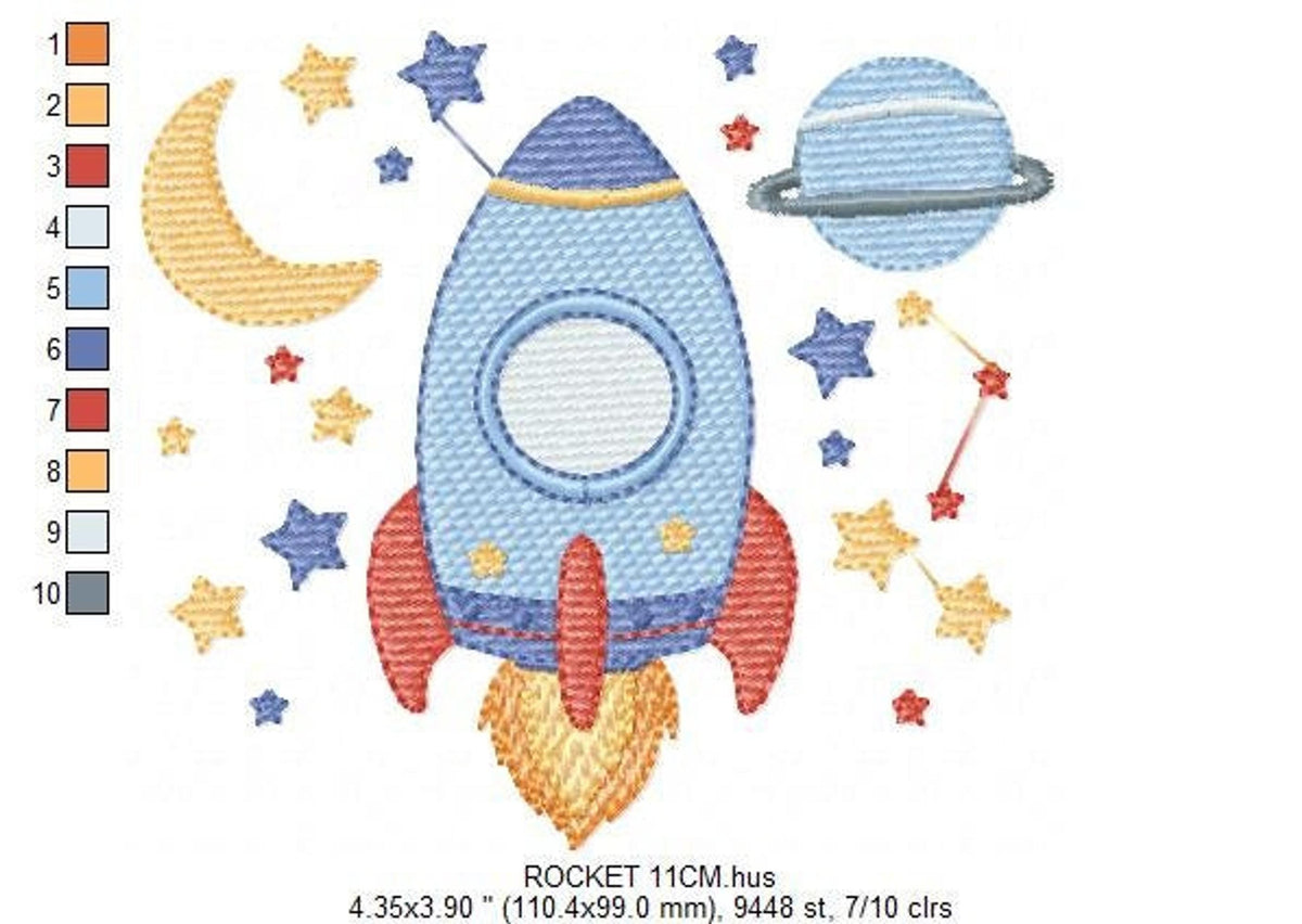 Alternate size preview showing rocket ship machine embroidery, color blocks and crescent moon