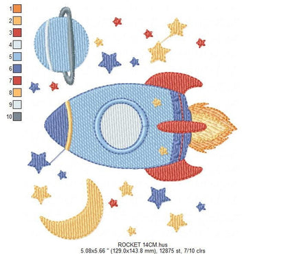 Mirrored horizontal space rocket embroidery design, blue planet, crescent moon and flame detail
