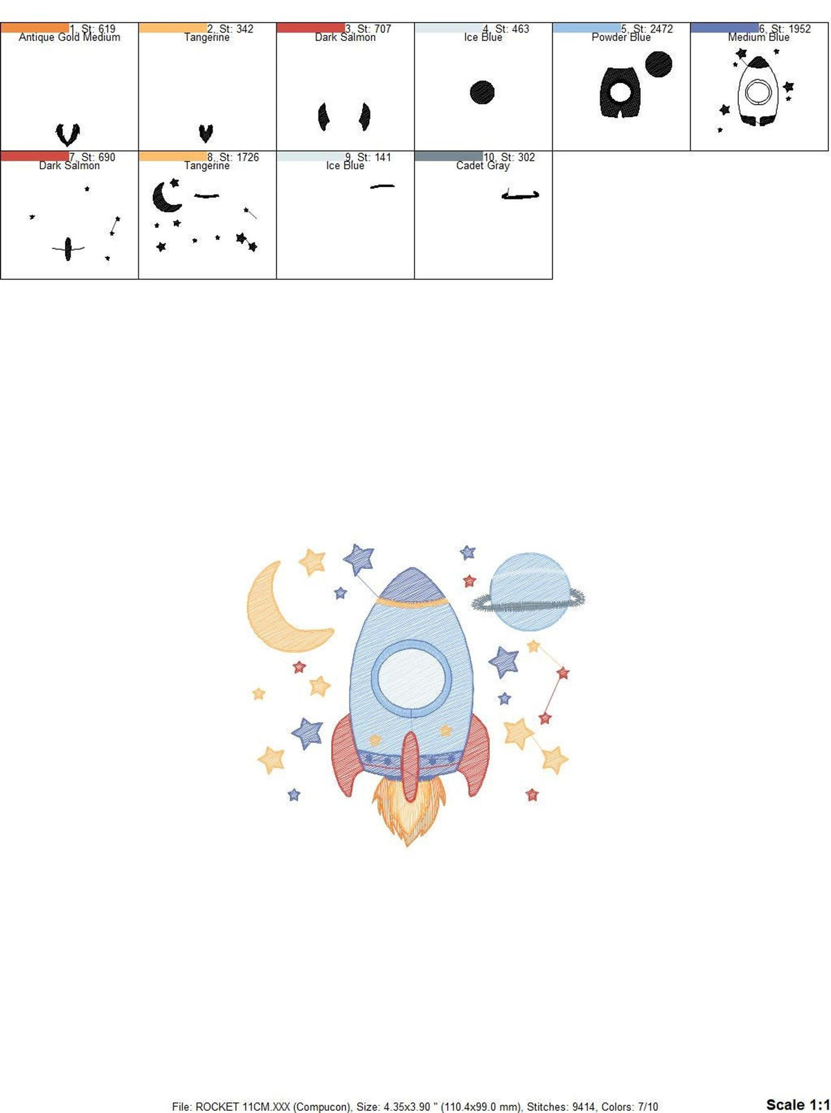 Black and white stitch map and hoop placement guide for the rocket ship digital embroidery file