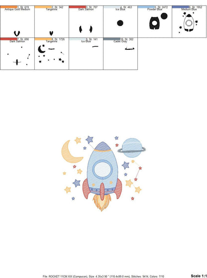 Black and white stitch map and hoop placement guide for the rocket ship digital embroidery file