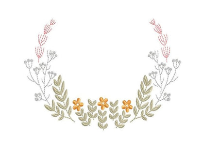 U-shaped pastel floral monogram frame embroidery design, muted greens, blush pink buds, tiny yellow stitched blossoms