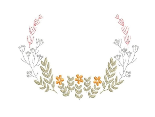U-shaped pastel floral monogram frame embroidery design, muted greens, blush pink buds, tiny yellow stitched blossoms