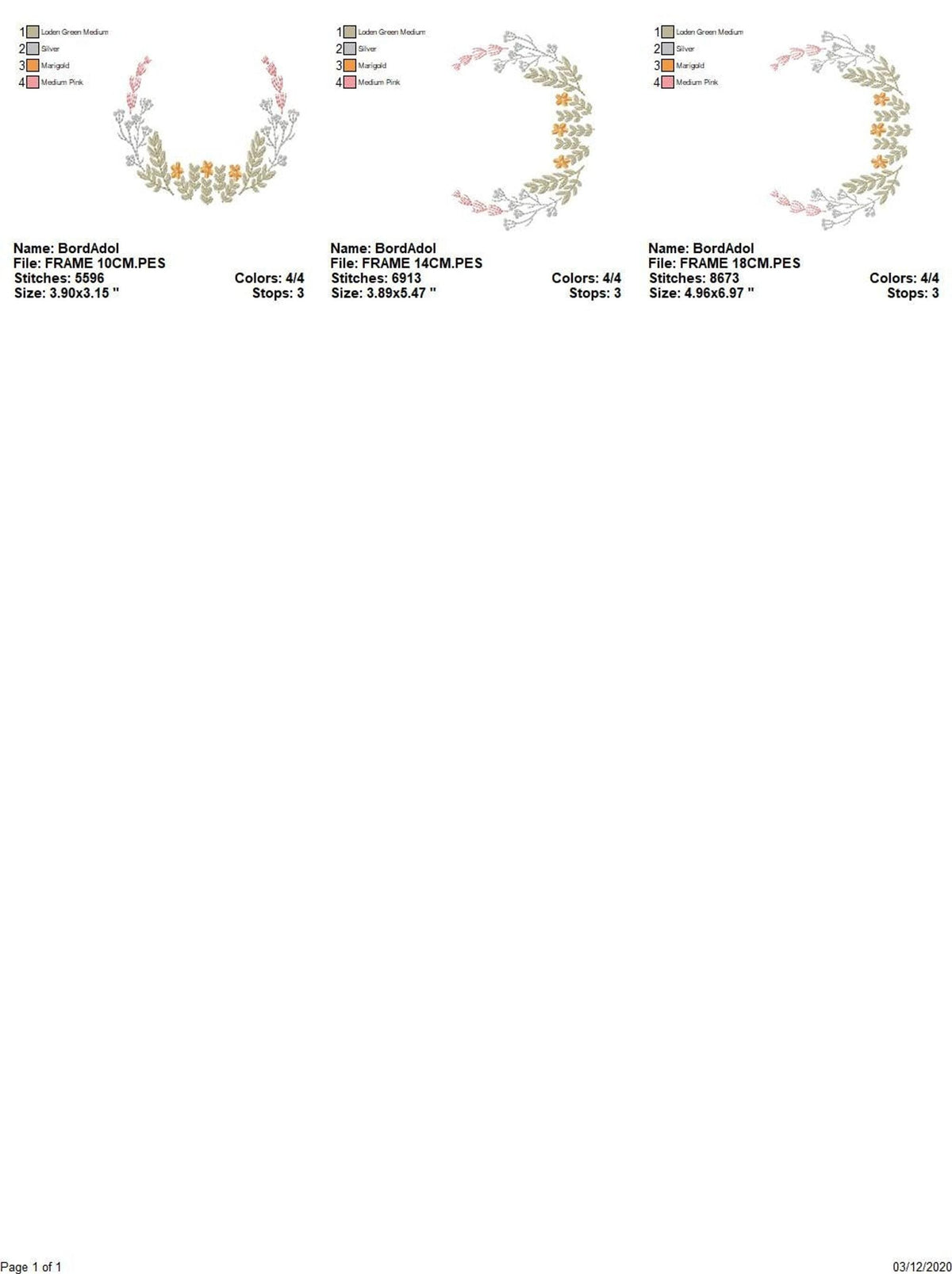 Sheet of multiple size previews and stitch counts, floral monogram frame embroidery design, instant digital download details