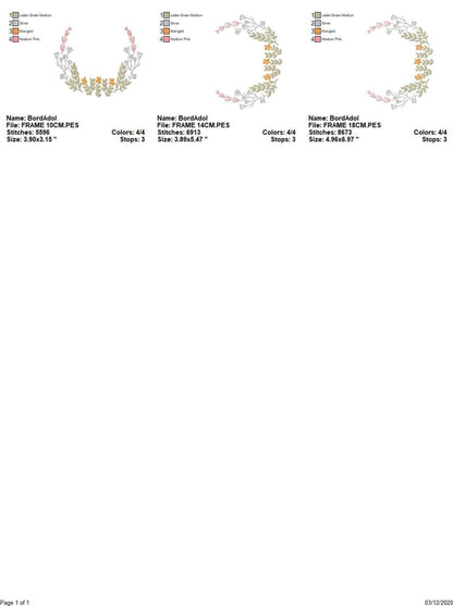Sheet of multiple size previews and stitch counts, floral monogram frame embroidery design, instant digital download details