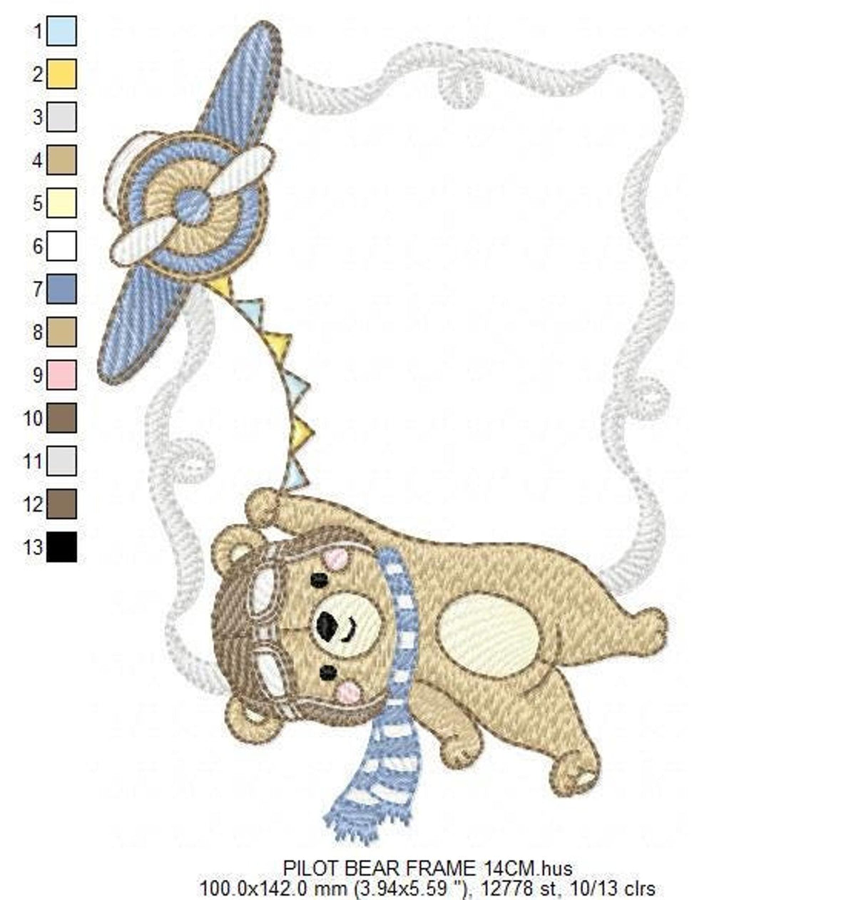Design rotated, airplane baby embroidery design with color chart and thread swatches, bear hanging from banner