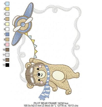 Design rotated, airplane baby embroidery design with color chart and thread swatches, bear hanging from banner