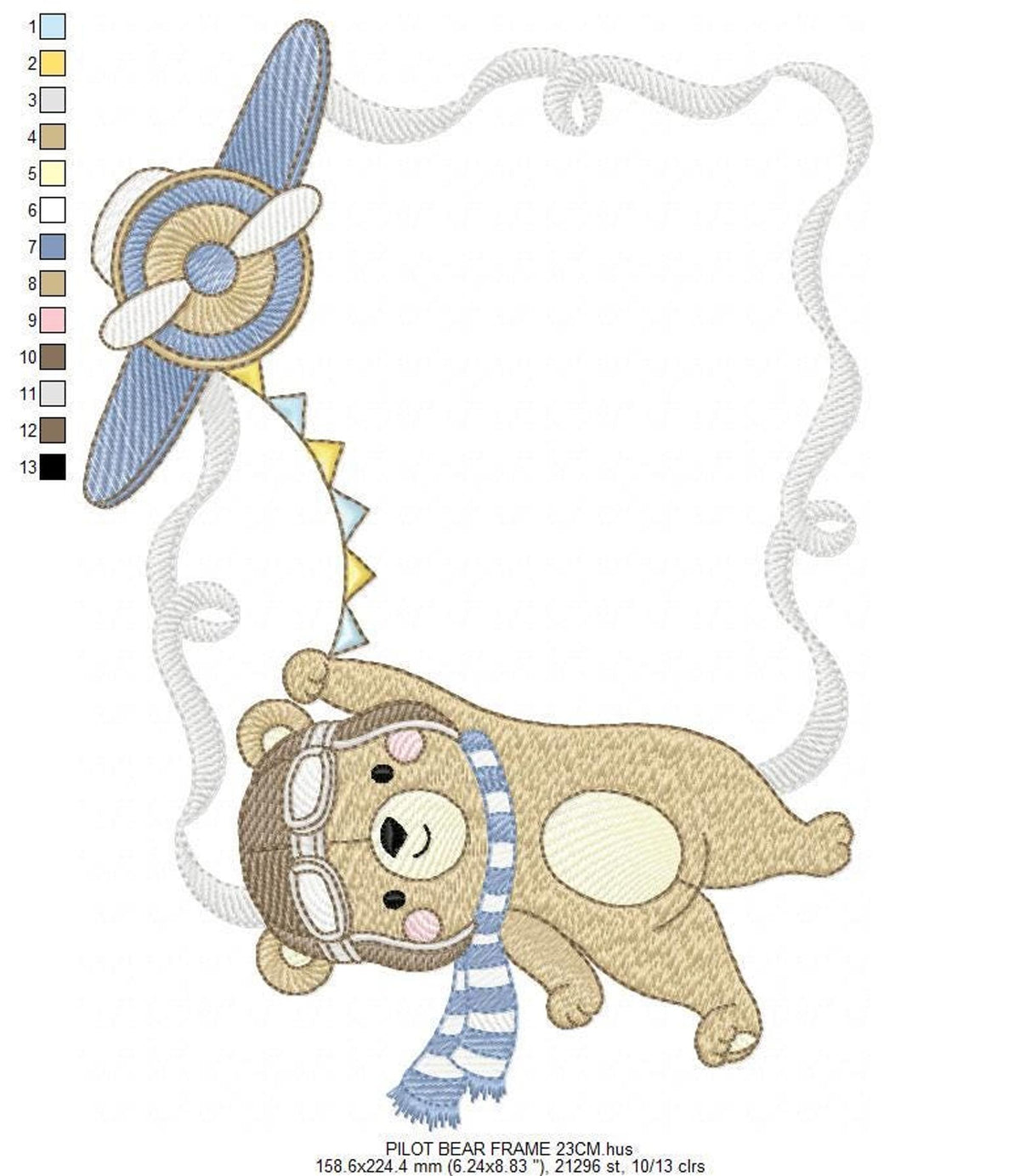 Large-scale nursery embroidery design for boys, soft pilot bear, plane and rippled rectangular border, thread list at side
