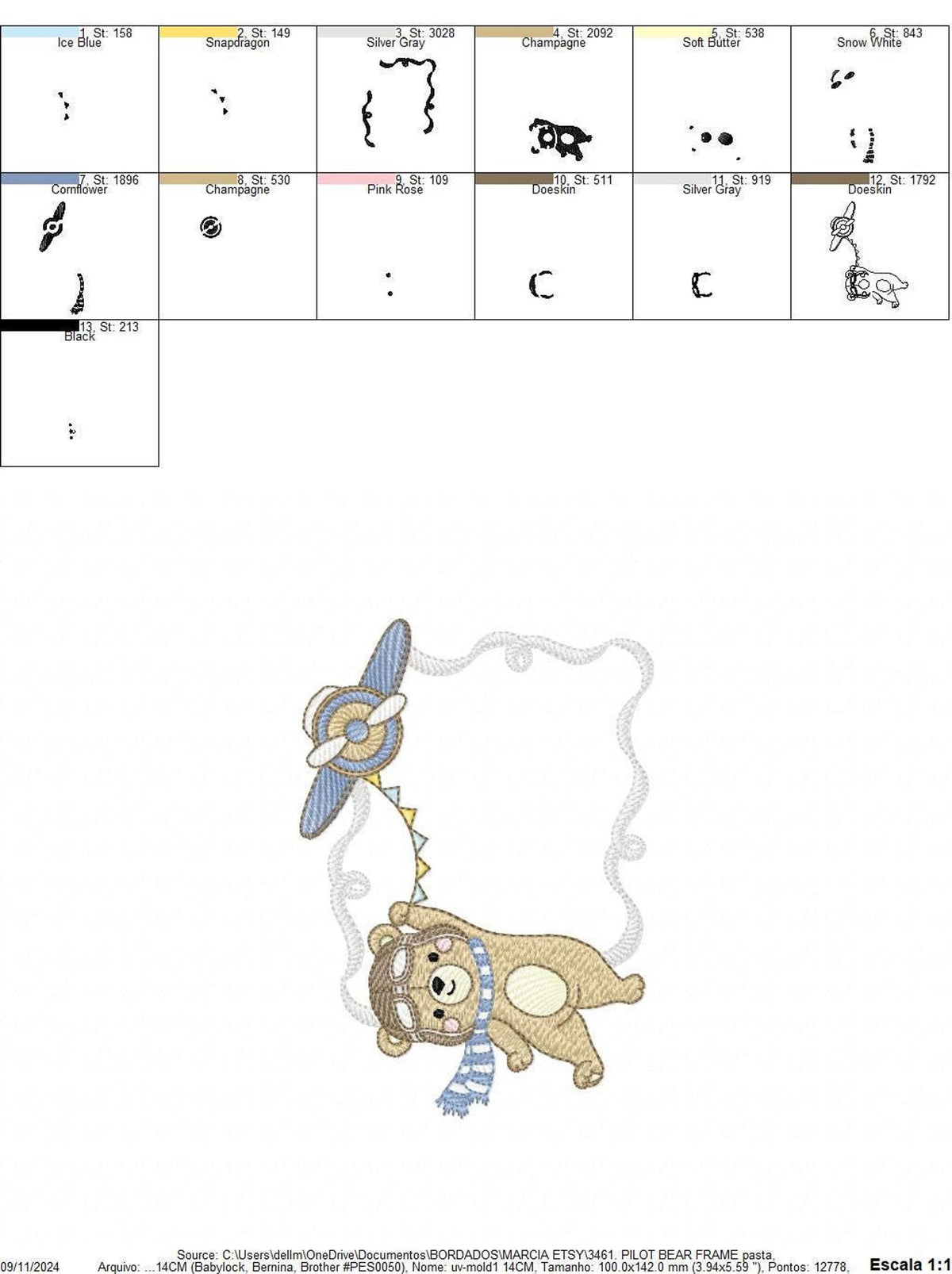 Printable template sheet for stuffed animal pilot embroidery file, pattern pieces, registration marks and guides