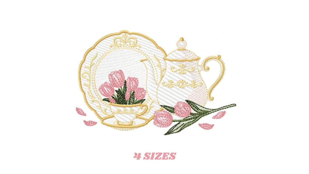 Centered shabby chic teapot and teacup embroidery design, vintage plate with pink roses, gold outlines, '12 sizes' note