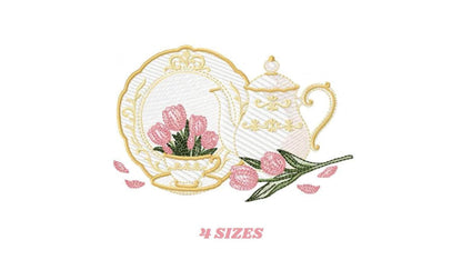 Centered shabby chic teapot and teacup embroidery design, vintage plate with pink roses, gold outlines, '12 sizes' note