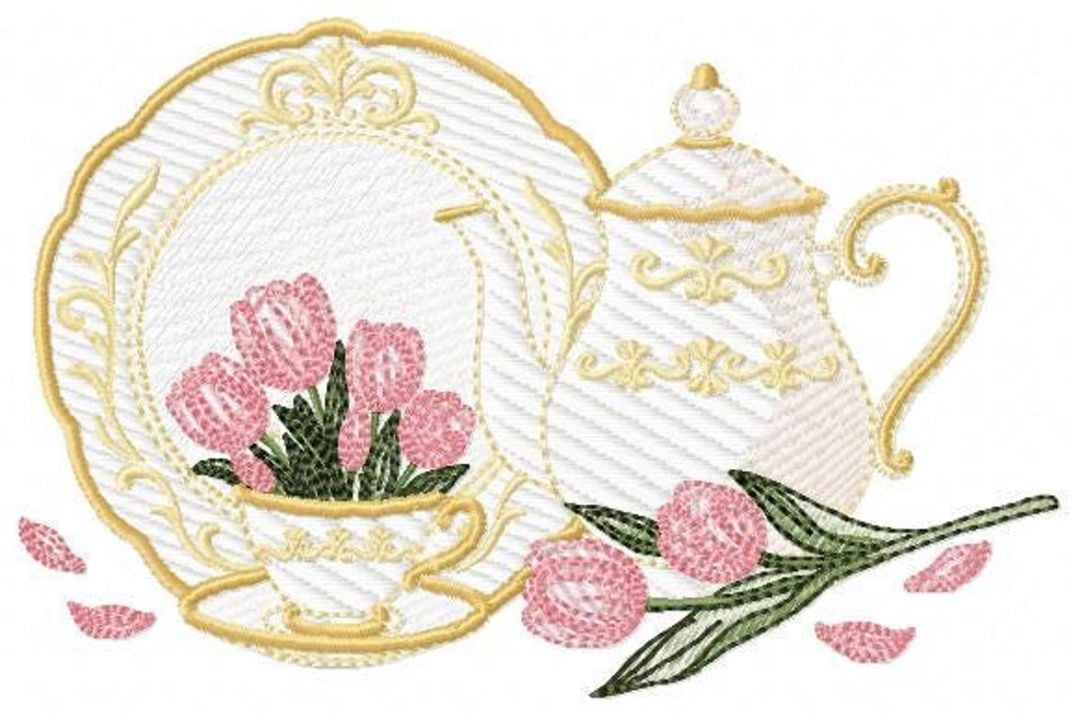 Close angled view of teapot and teacup embroidery design, gold outlines, rippled fill texture, pink rose accents