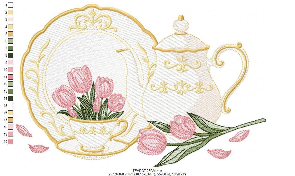 Teapot and teacup embroidery design with vertical color chart, labeled thread palette, shabby chic floral details