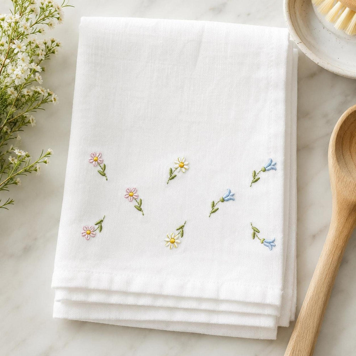 Soft white towel corner, tiny pastel floral sprigs embroidered, baby embroidery designs set ideal for towels and blankets