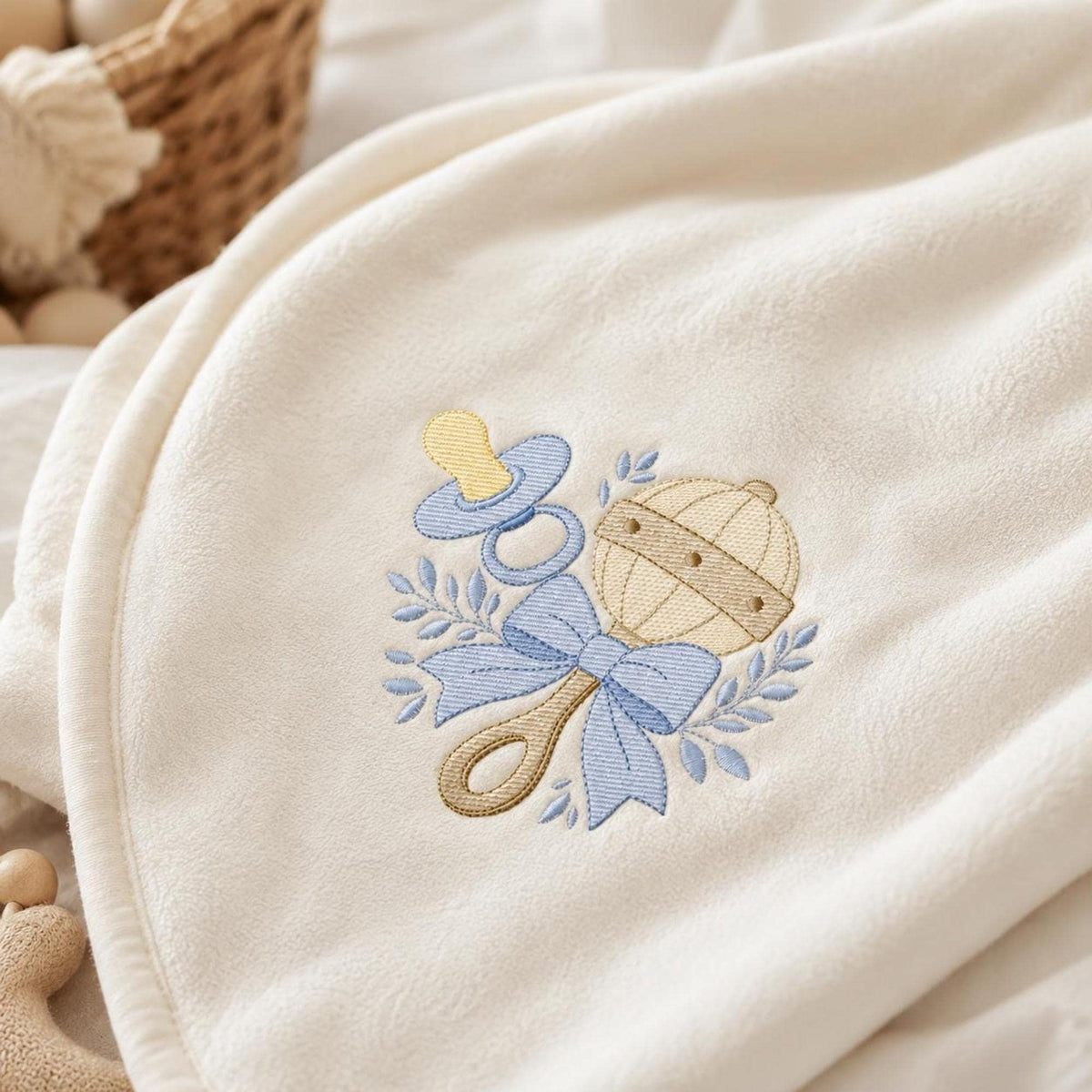 Cream hooded towel with blue duckling and umbrella embroidery, towel and blanket embroidery designs for kids and babies