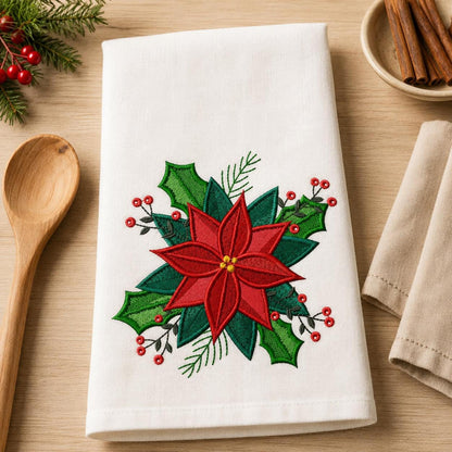 White towel showing vibrant poinsettia embroidery, holiday motif in this digital embroidery design pack for festive linens